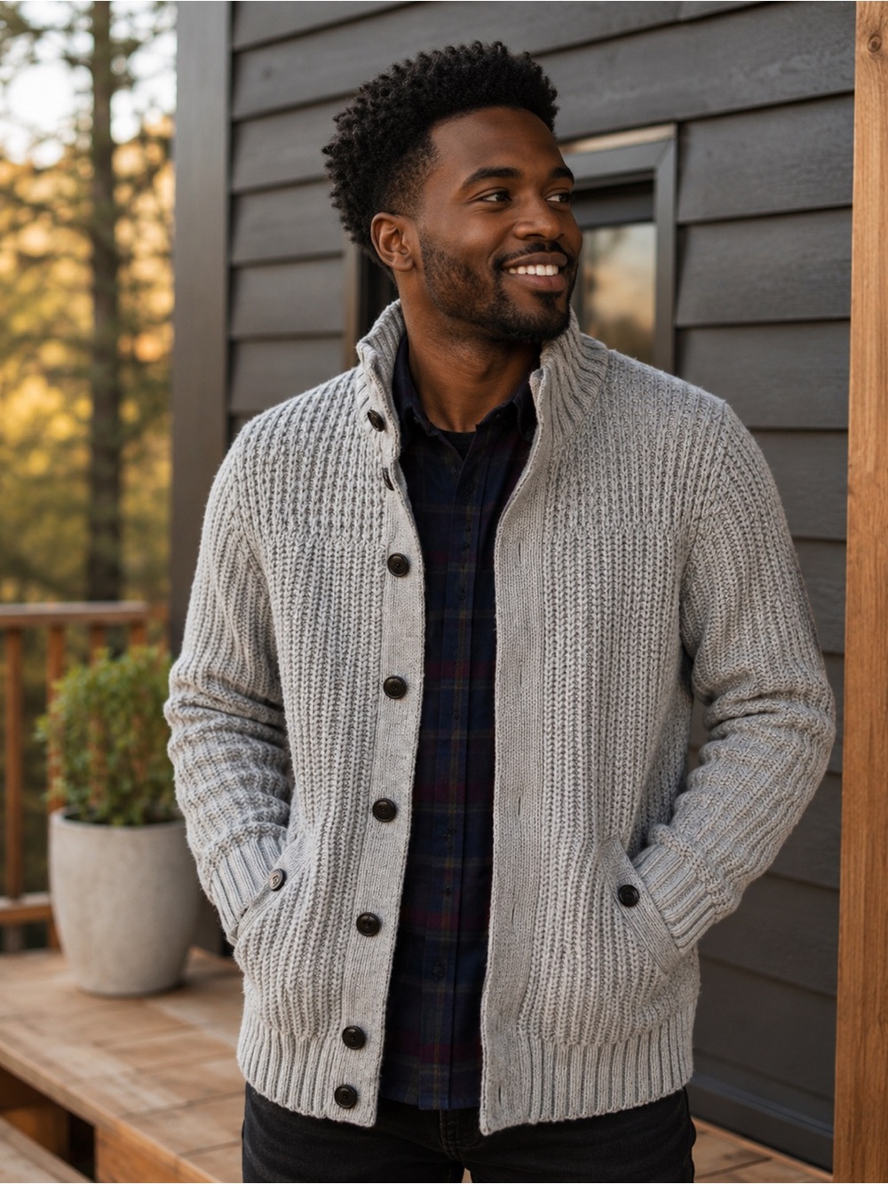 Ted Baker Men's Light Gray Rib-Knit Button Cardigan lined size M